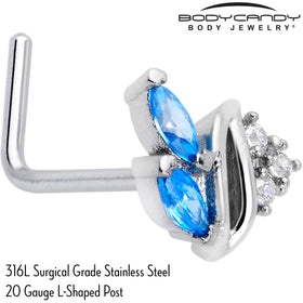 20G 7mm Blue CZ Gem Swirl Fan L Shape Nose Ring