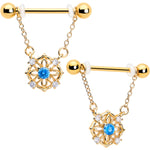 14G 9/16 Blue CZ Gem Gold Tone Flower Ring Dangle Nipple Ring Set
