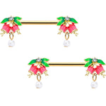 14G 9/16 Clear CZ Gem Gold Hue Bell Flower Barbell Nipple Ring Set