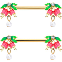 14G 9/16 Clear CZ Gem Gold Hue Bell Flower Barbell Nipple Ring Set