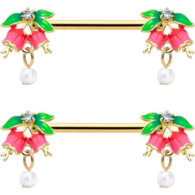 14G 9/16 Clear CZ Gem Gold Hue Bell Flower Barbell Nipple Ring Set