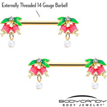 14G 9/16 Clear CZ Gem Gold Hue Bell Flower Barbell Nipple Ring Set
