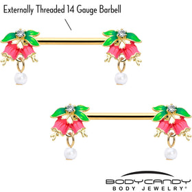 14G 9/16 Clear CZ Gem Gold Hue Bell Flower Barbell Nipple Ring Set