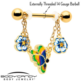 14G 9/16 Yellow Gem Gold Tone Butterfly Colors Dangle Nipple Ring Set