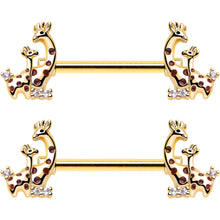 14G 9/16 Clear CZ Gem Gold Tone Mom Baby Giraffes Nipple Ring Set