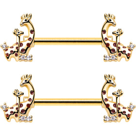 14G 9/16 Clear CZ Gem Gold Tone Mom Baby Giraffes Nipple Ring Set