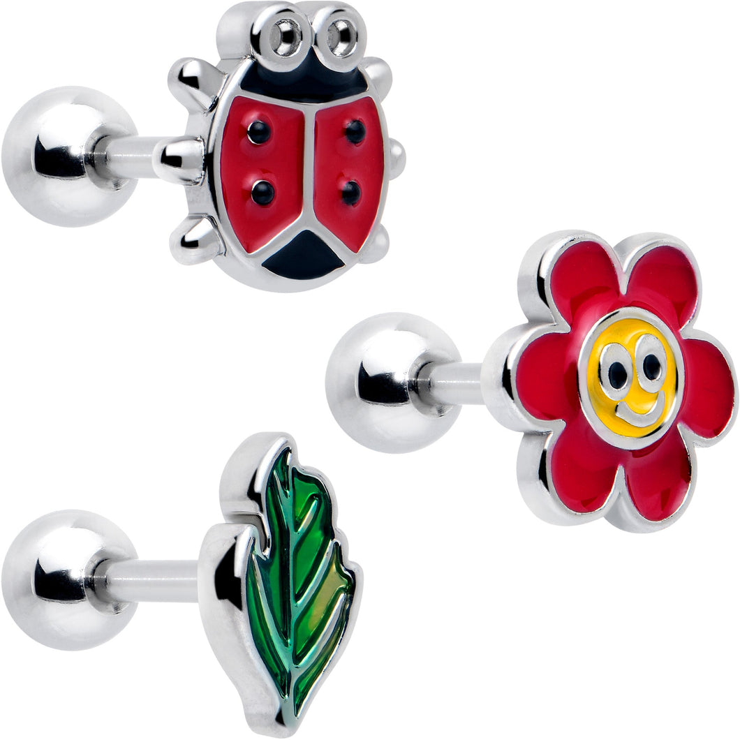 16G 1/4 Ladybug Hippie Flower Cartilage Tragus Earring Set of 3