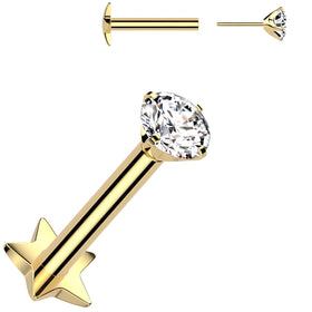 Gold Medical Grade Titanium Flat Back Earring 18G 3mm CZ Reversible Star