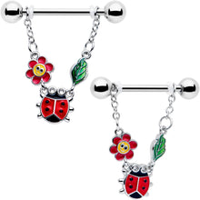 14G 9/16 Ladybug Hippie Flower Chain Dangle Nipple Ring Set