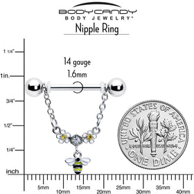 14G 9/16 Yellow CZ Gem Flower Bee Chain Dangle Nipple Ring Set