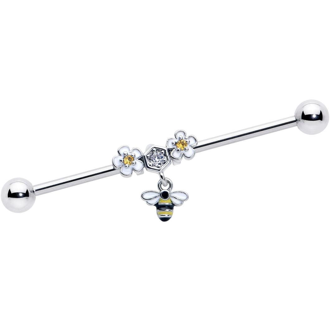 14G Yellow CZ Gem Flower Bee Dangle Industrial Barbell 38mm