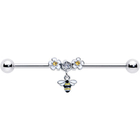 14G Yellow CZ Gem Flower Bee Dangle Industrial Barbell 38mm