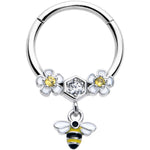 16G 3/8 Yellow CZ Gem Flower Bee Dangle Hinged Segment Ring