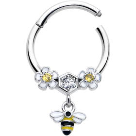16G 3/8 Yellow CZ Gem Flower Bee Dangle Hinged Segment Ring