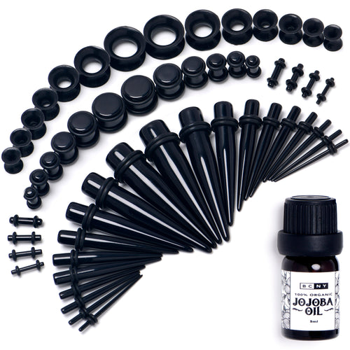 14G to 1/2 Black Acrylic 54 Piece Ear Stretching Kit with Jojoba Oil