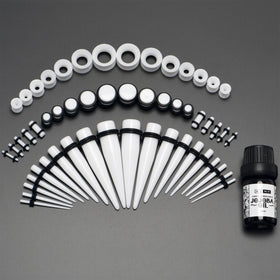 14G to 1/2 White Acrylic 54 Piece Ear Stretching Kit with Jojoba Oil