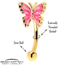16G 5/16 Gold Tone Butterfly Pink Splash Curved Eyebrow Ring