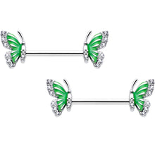 14G 9/16 Clear CZ Gem Butterfly Green Barbell Nipple Ring Set