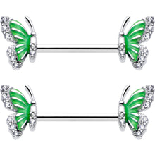 14G 9/16 Clear CZ Gem Butterfly Green Barbell Nipple Ring Set