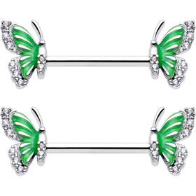 14G 9/16 Clear CZ Gem Butterfly Green Barbell Nipple Ring Set