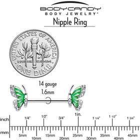 14G 9/16 Clear CZ Gem Butterfly Green Barbell Nipple Ring Set