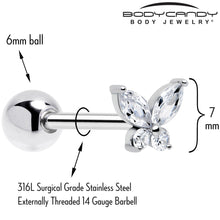 Clear CZ Gem Open Wing Butterfly Barbell Tongue Ring