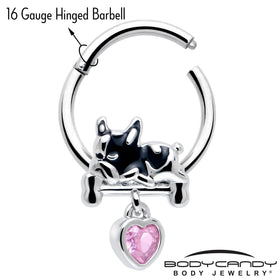 16G 3/8 Pink CZ Gem Sleepy French Bulldog Dangle Hinged Segment Ring