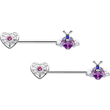 14G 9/16 Pink Blue Gem Spiderweb Heart Insect Barbell Nipple Ring Set