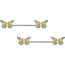 14G 9/16 Yellow CZ Gem Blooming Butterfly Barbell Nipple Ring Set