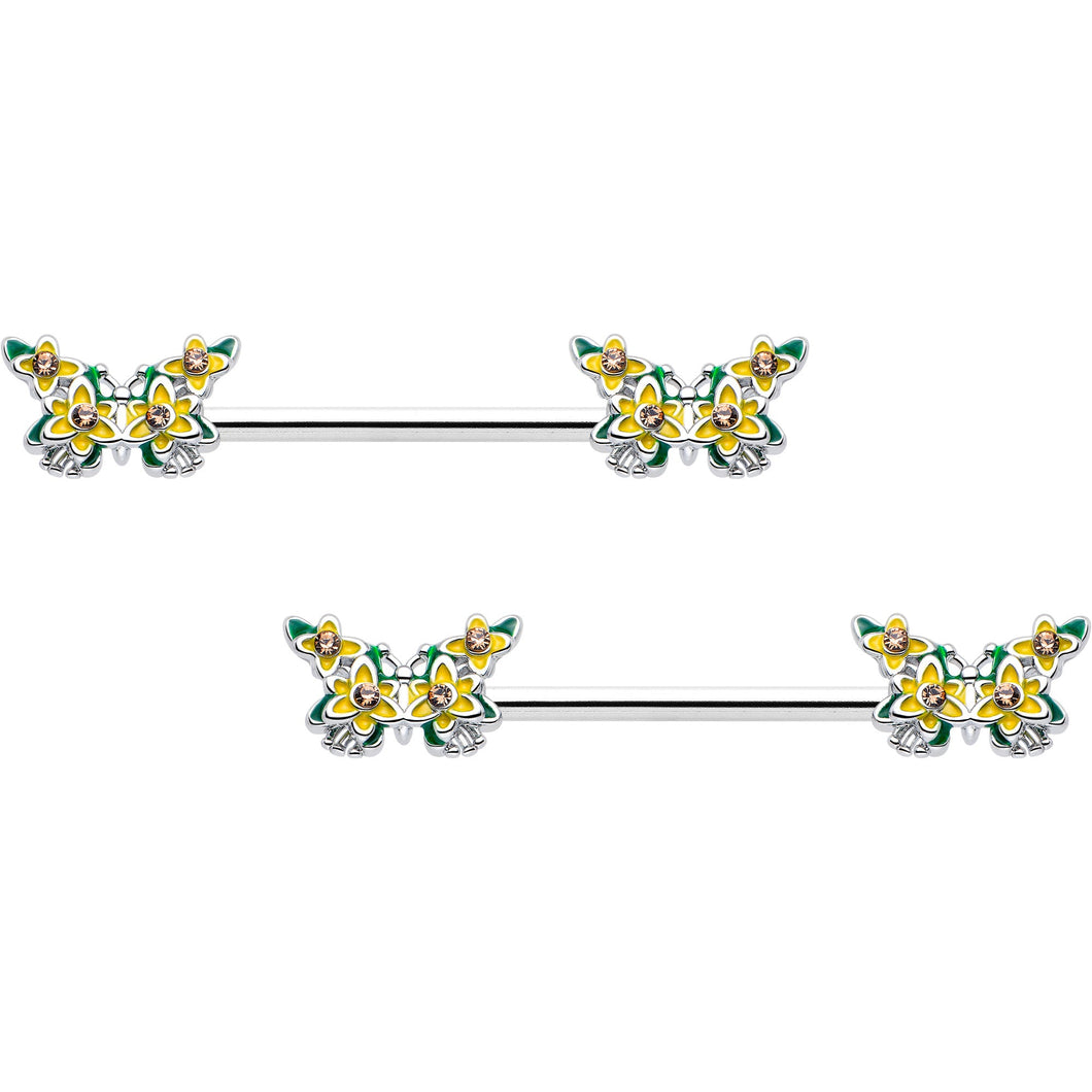 14G 9/16 Yellow CZ Gem Blooming Butterfly Barbell Nipple Ring Set
