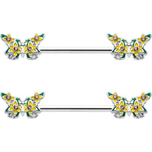 14G 9/16 Yellow CZ Gem Blooming Butterfly Barbell Nipple Ring Set