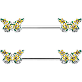 14G 9/16 Yellow CZ Gem Blooming Butterfly Barbell Nipple Ring Set