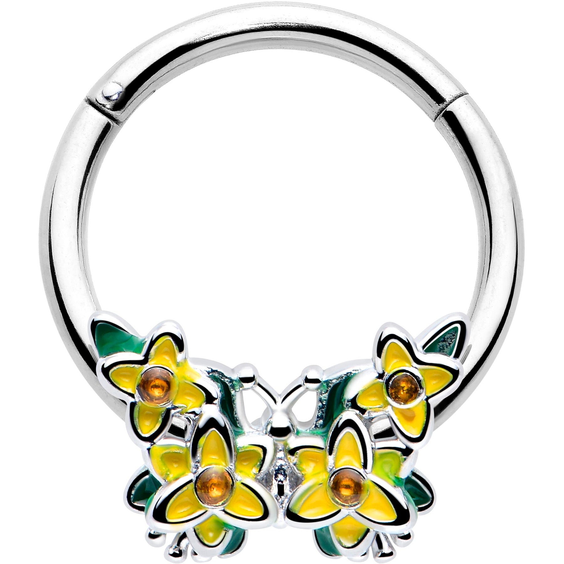 16G 3/8 Yellow CZ Gem Blooming Butterfly Hinged Segment Ring