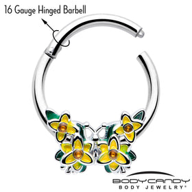 16G 3/8 Yellow CZ Gem Blooming Butterfly Hinged Segment Ring