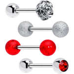 Red CZ Gem Flower Sandblasted Barbell Tongue Ring Set of 4