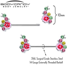 14G 9/16 Green Pink Gem Caterpillar Flower Barbell Nipple Ring Set
