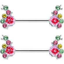 14G 9/16 Green Pink Gem Caterpillar Flower Barbell Nipple Ring Set