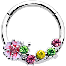 16G 3/8 Green Pink CZ Gem Caterpillar Flower Hinged Segment Ring