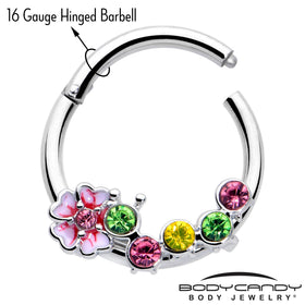 16G 3/8 Green Pink CZ Gem Caterpillar Flower Hinged Segment Ring