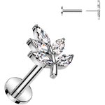 Surgical Steel Flat Back Earring - 16G With Cubic Zirconia Leaves