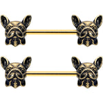 14G 5/8 Gold Tone Anodized French Bulldog Barbell Nipple Ring Set