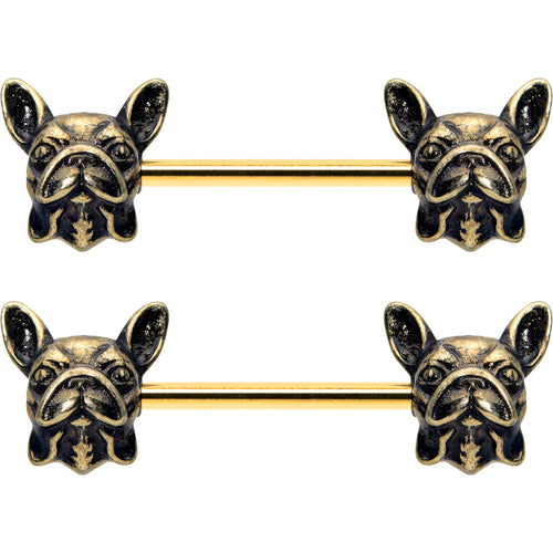 14G 5/8 Gold Tone Anodized French Bulldog Barbell Nipple Ring Set
