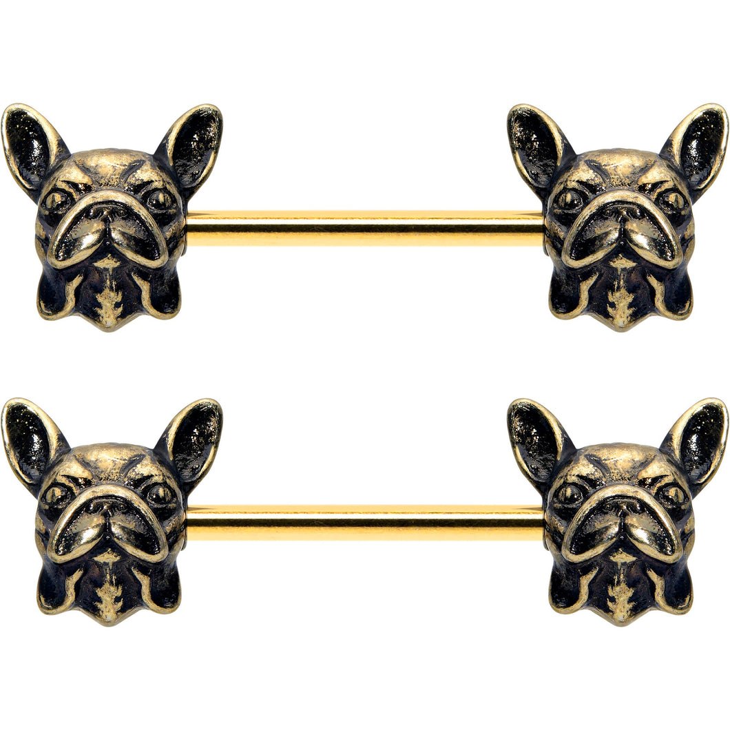 14G 5/8 Gold Tone Anodized French Bulldog Barbell Nipple Ring Set