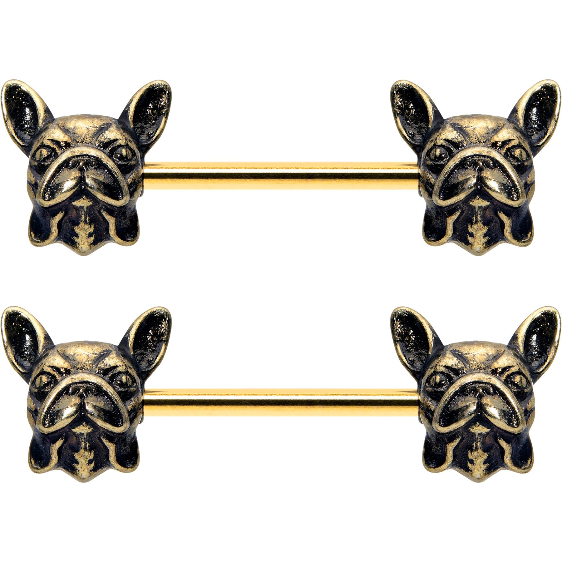 14G 5/8 Gold Tone Anodized French Bulldog Barbell Nipple Ring Set