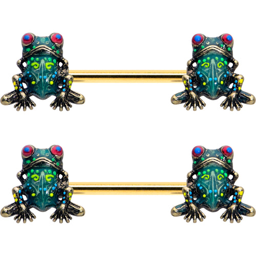 14G 5/8 Gold Tone Anodized Colorful Tree Frog Nipple Ring Set