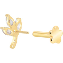 16G 1/4 CZ Gem Leaves Gold PVD Medical Grade Titanium Reversible Flat Back Earring