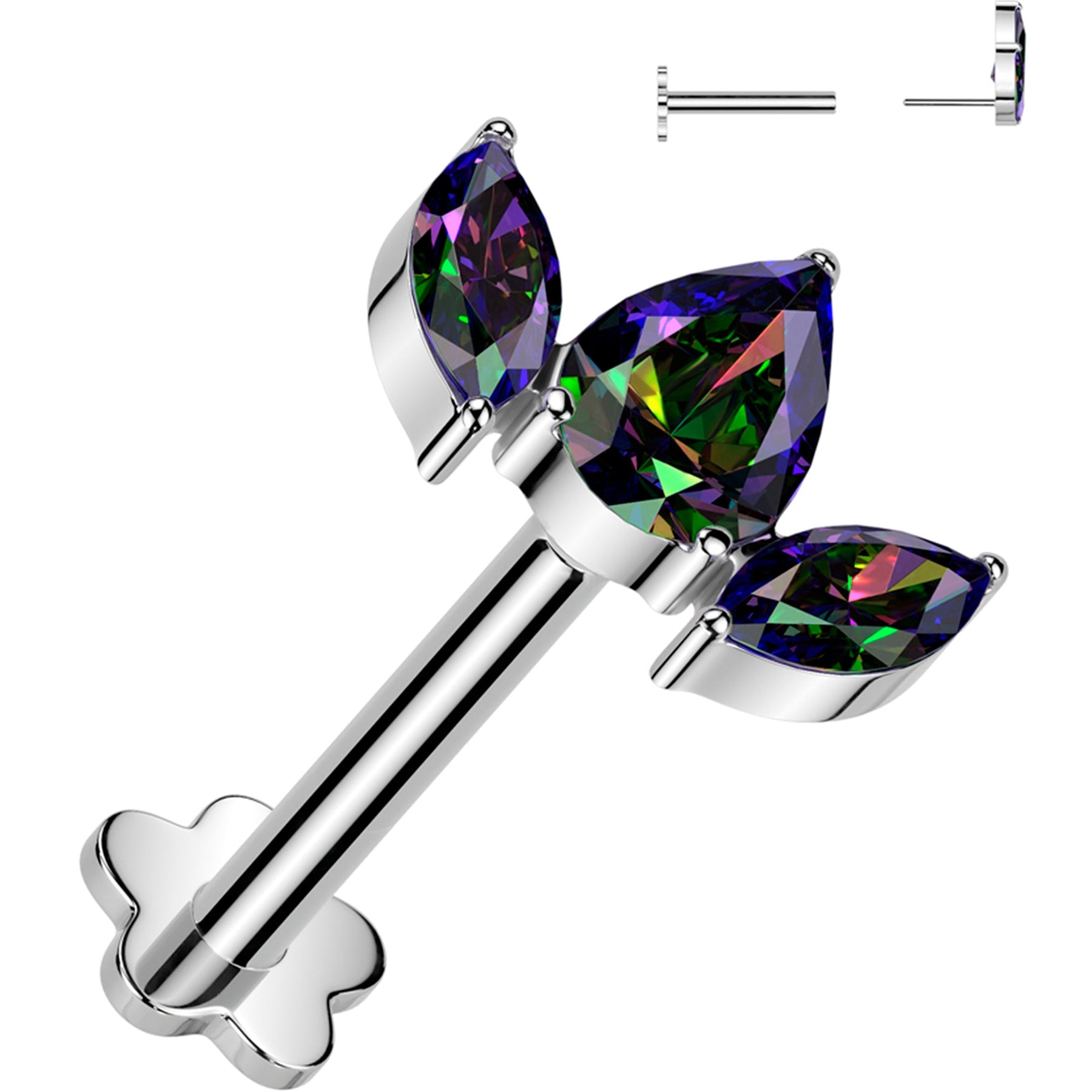 16G 5/16 Vitrail CZ Gem Oval Trio Medical Grade Titanium Reversible Flat Back Earring