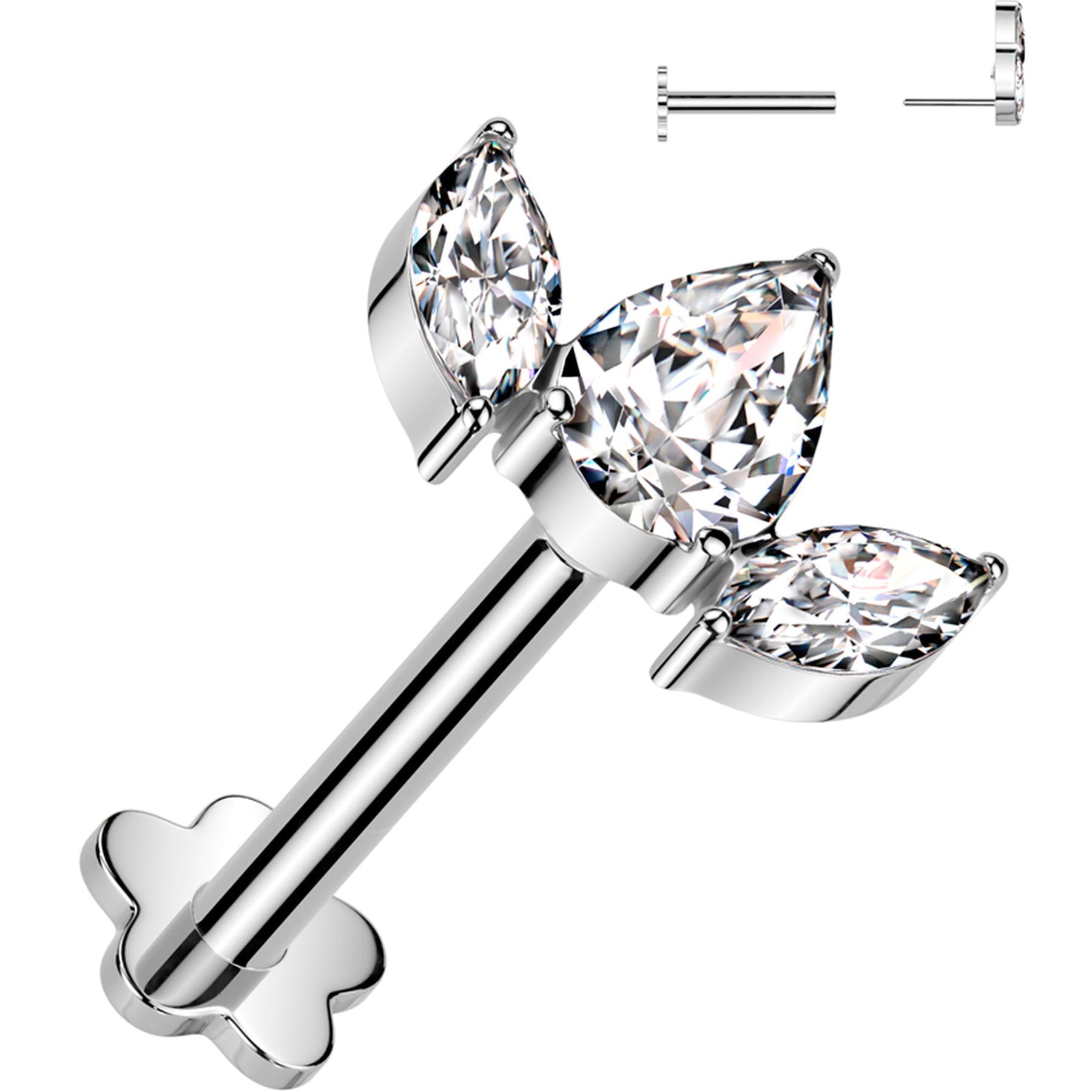 18G 5/16 Clear CZ Gem Oval Trio Medical Grade Titanium Reversible Flat Back Earring