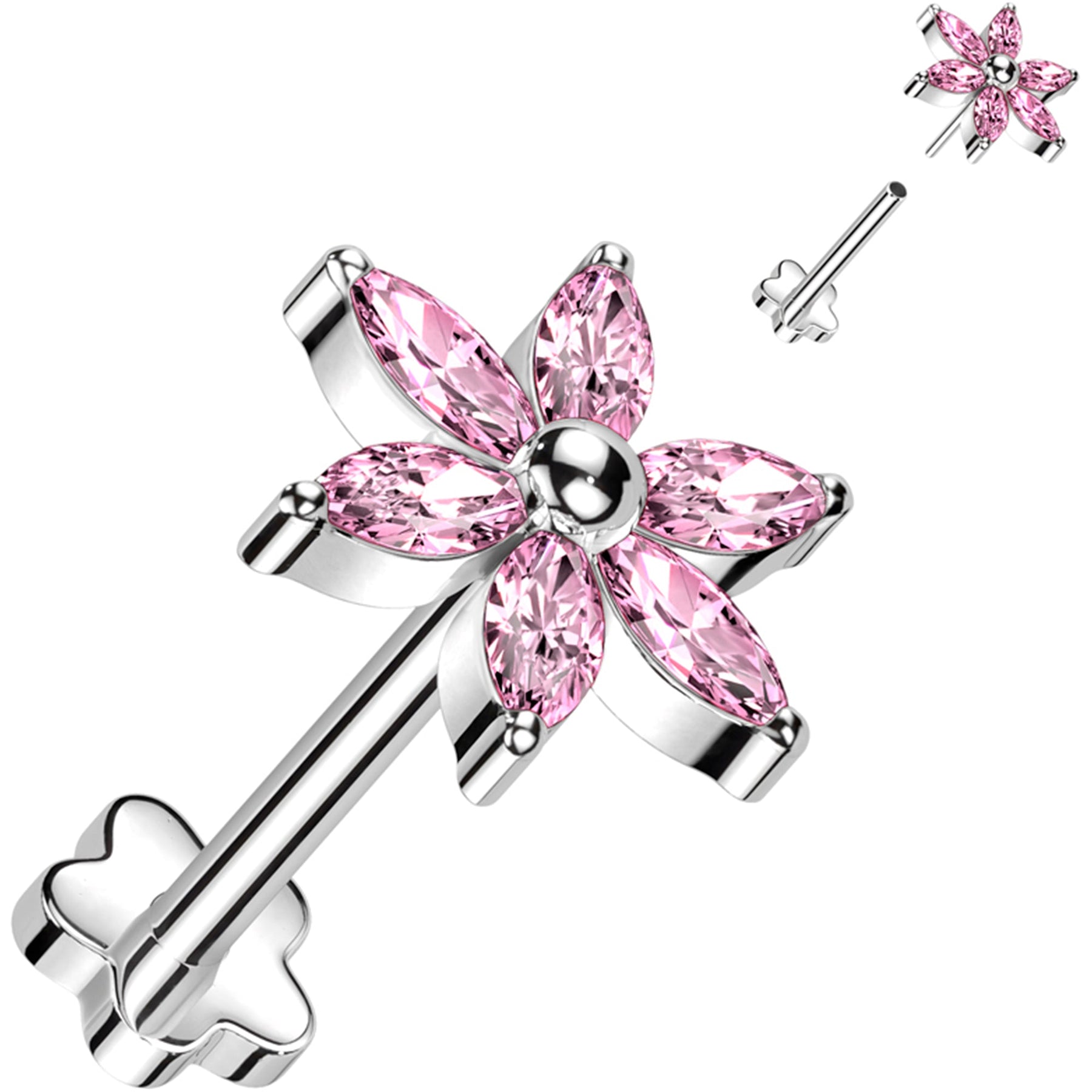 18G 5/16 Pink CZ Gem Style Flower Medical Grade Titanium Reversible Flat Back Earring