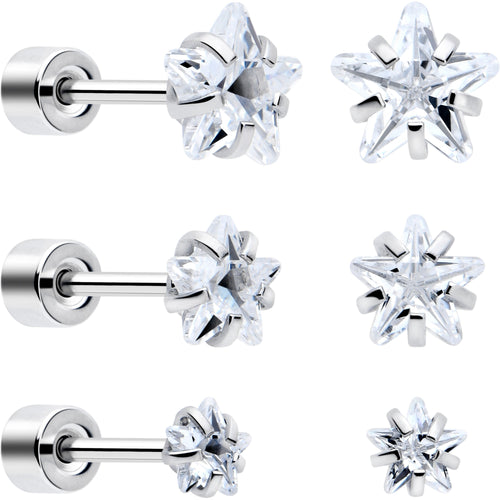 Clear Star CZ Flat Back Stud Earrings - 3 Pairs